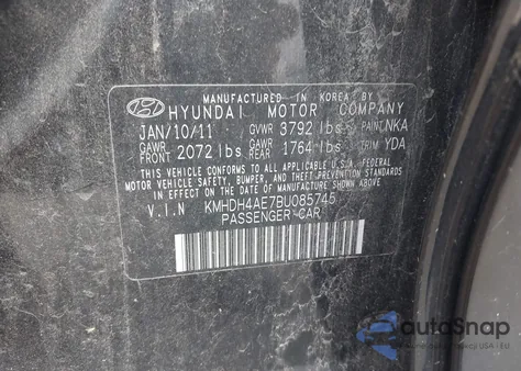 2011 Hyundai Elantra Gls (Ulsan Plant) z USA, uszkodzony, nr VIN KMHDH4AE7BU085745